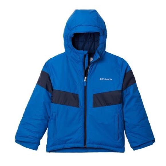 Columbia Bright Blue Hooded Puffer with Navy Panels